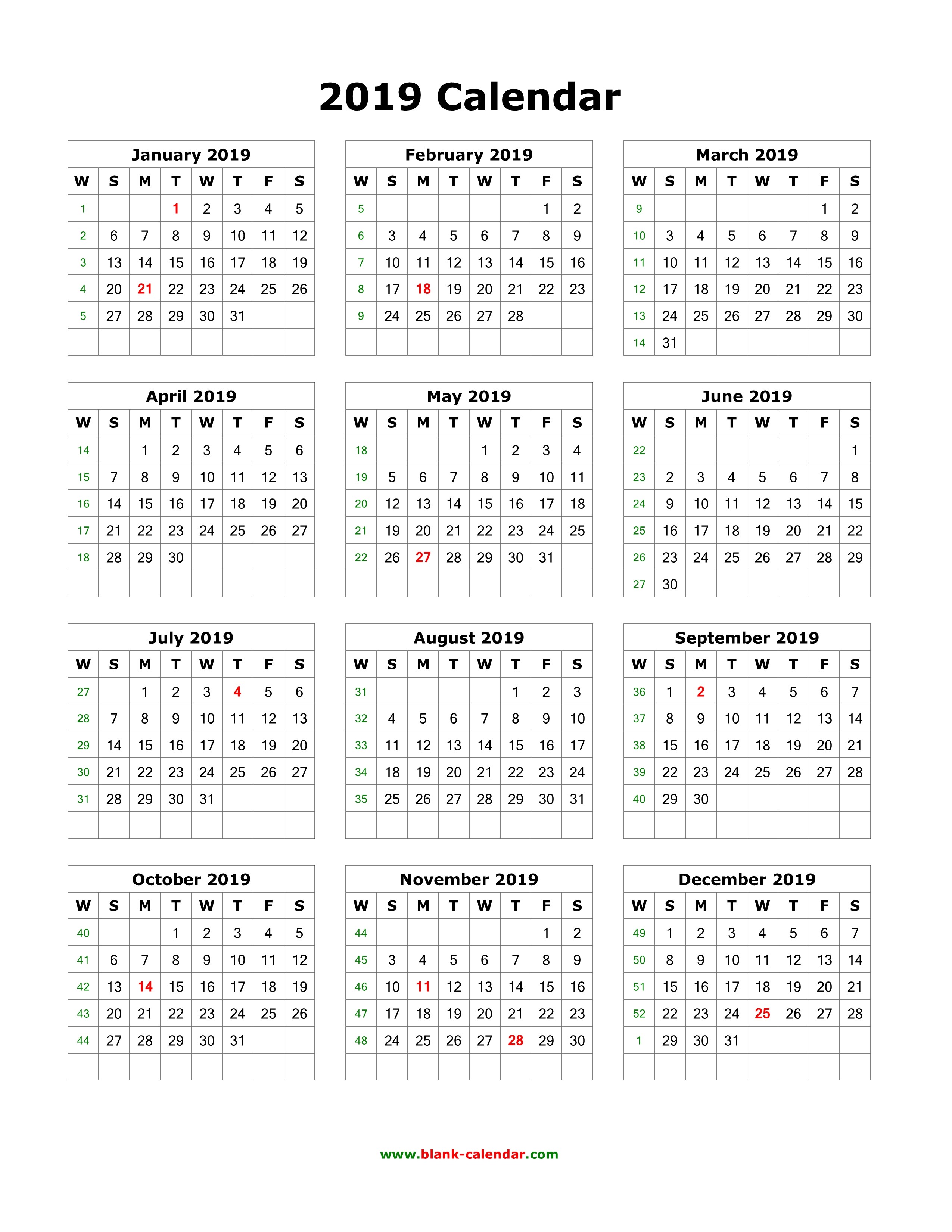 yearly calendar blank portrait