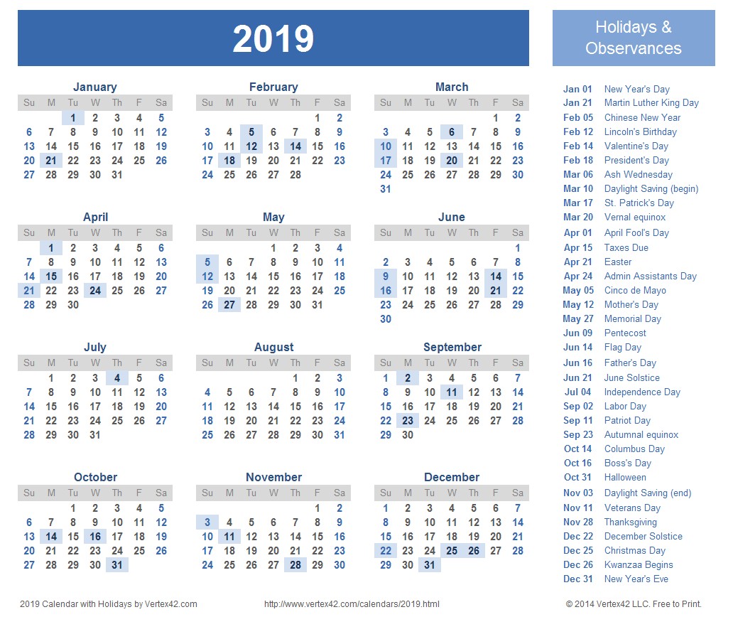 12 Month Calendar 2019 Printable 2019 Calendar