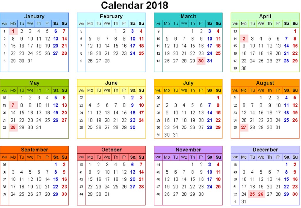 12 month calendar 2018