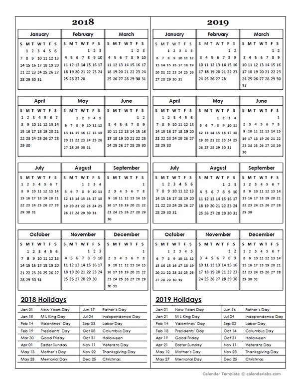 2018 and 2019 Calendar Printable Two Year Calendar Template 2018 and 2019 Free Printable