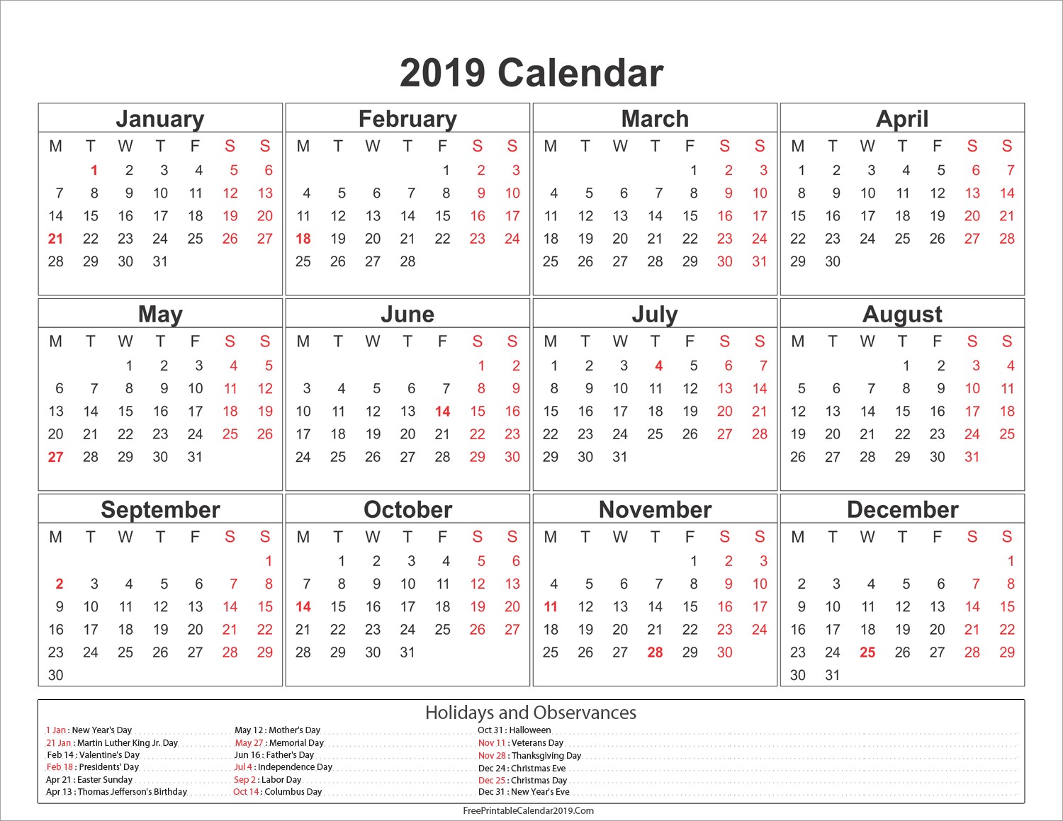 2019 2019 Calendar Printable Free Printable Calendar 2019 with Holidays In Word Excel Pdf