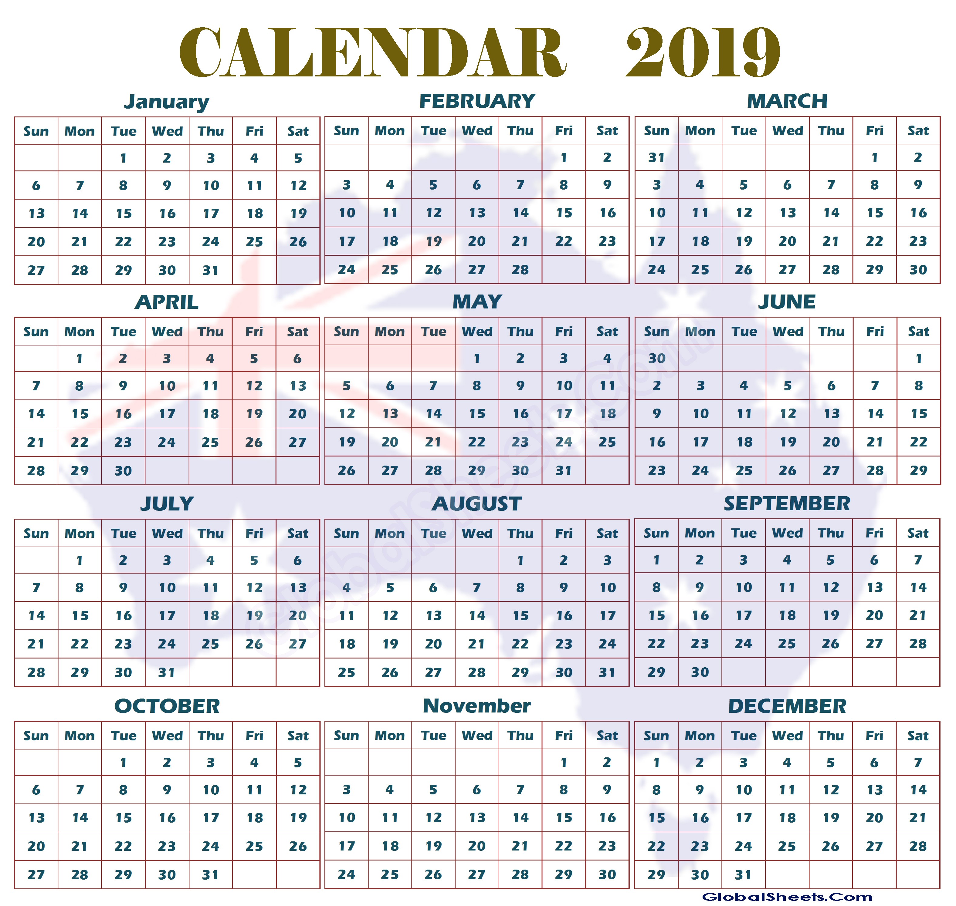 2019 yearly calendar australia