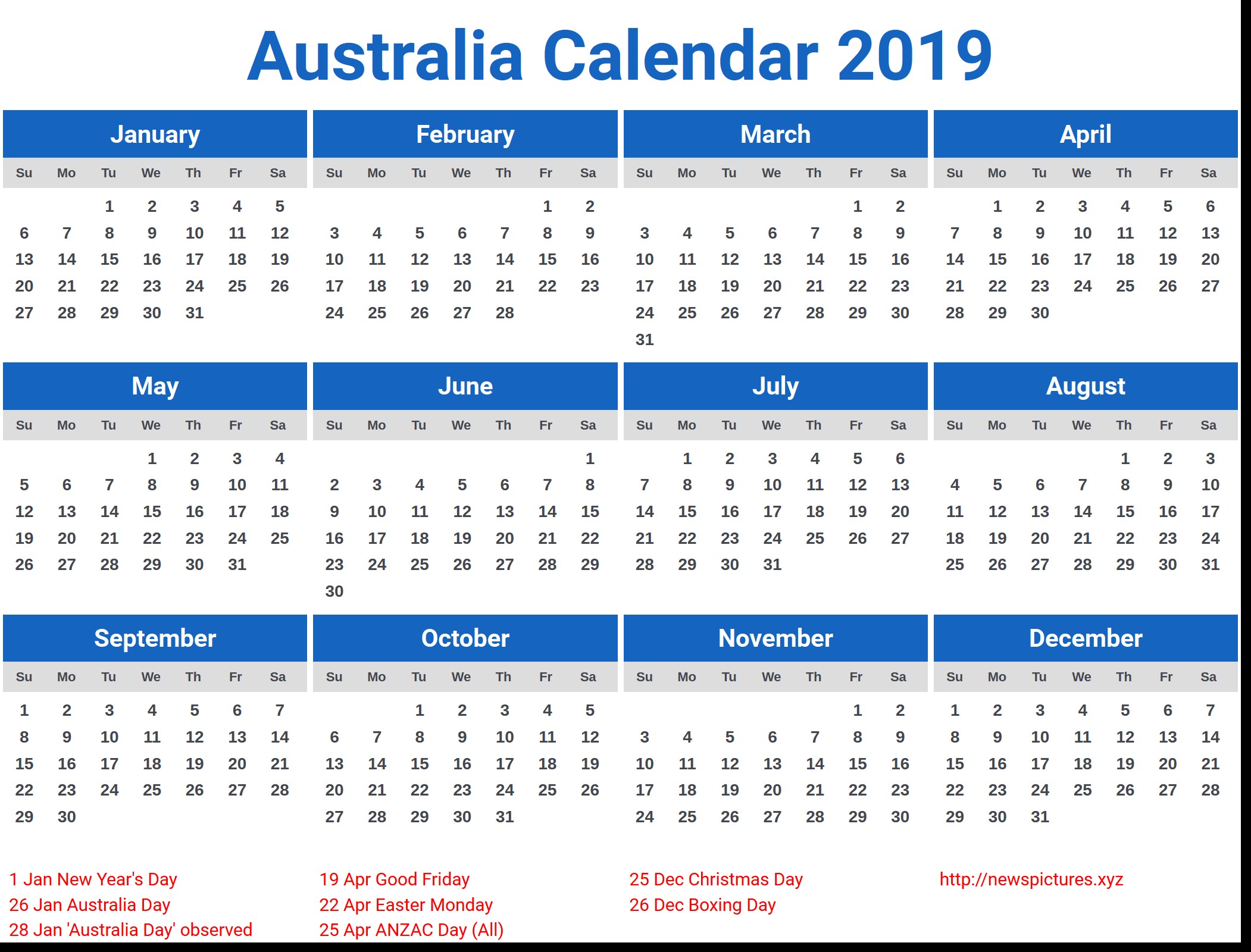 2019 and 2019 Calendar Printable Australia Australia Calendar 2019