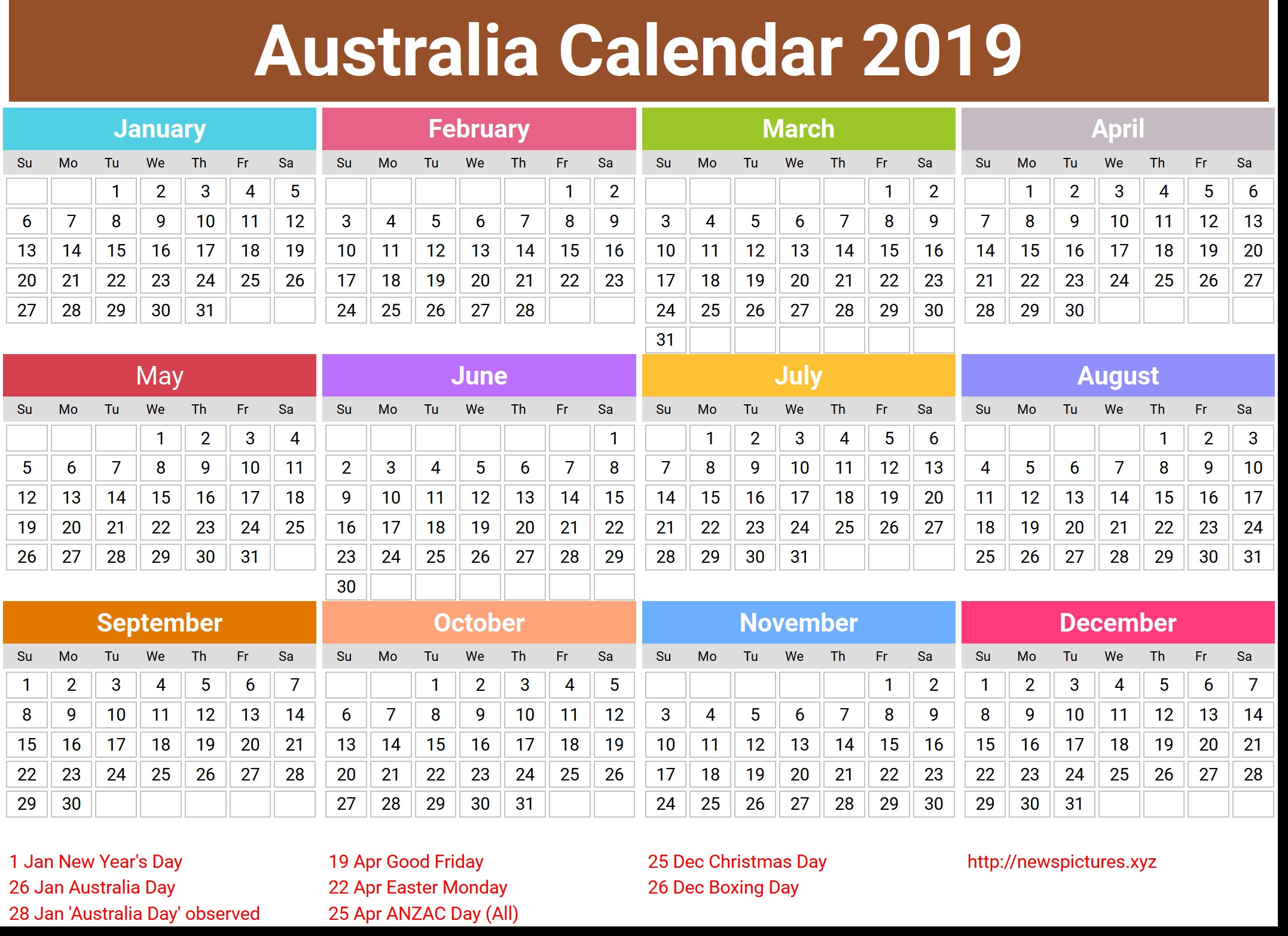 annual australia calendar 2019