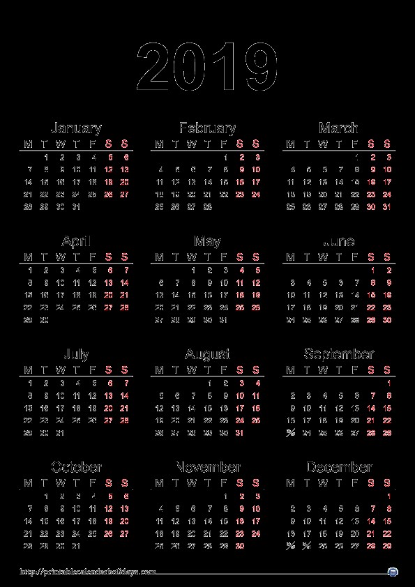 2019 yearly calendar printable