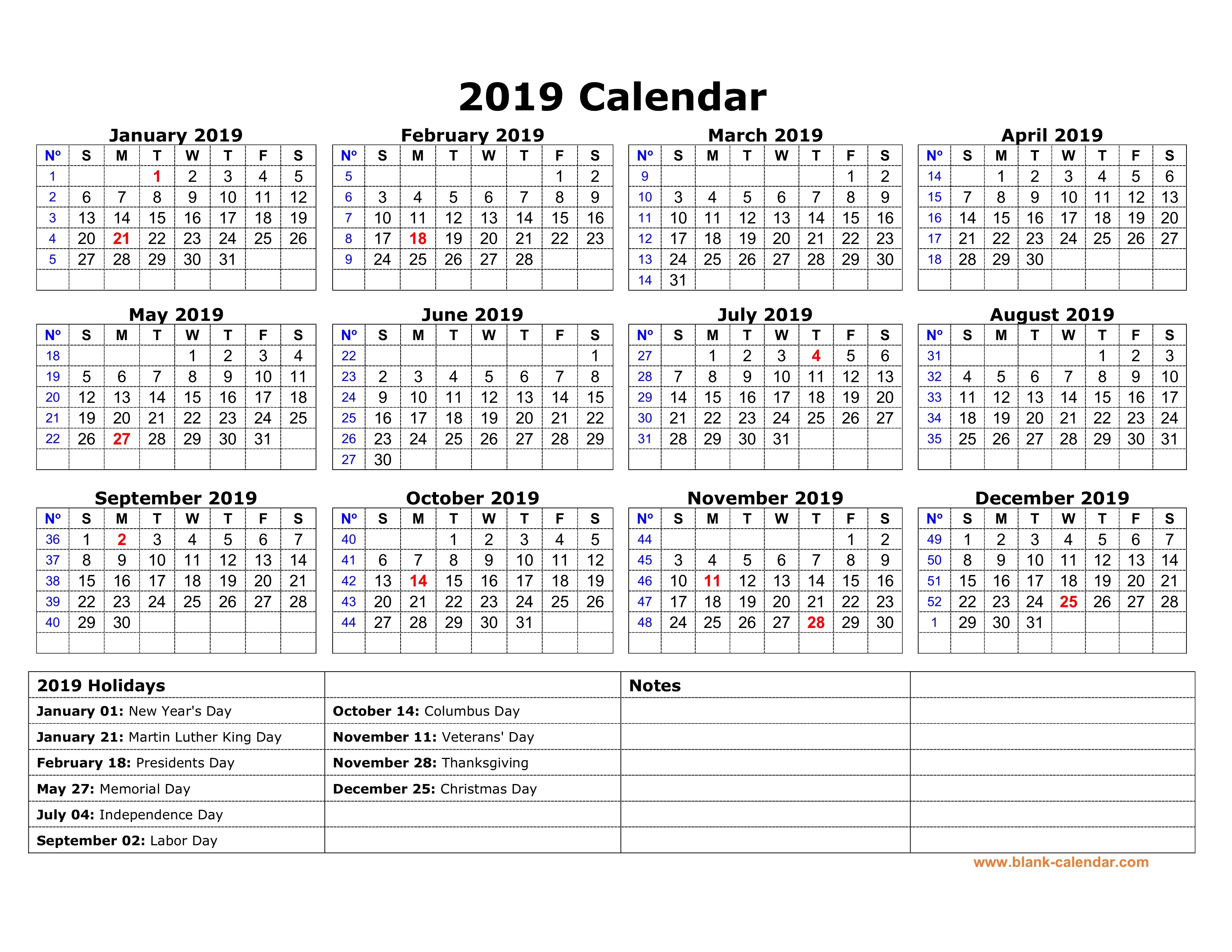 2019 Calendar 2019 Printable Free Download Printable Calendar 2019 with Us Federal