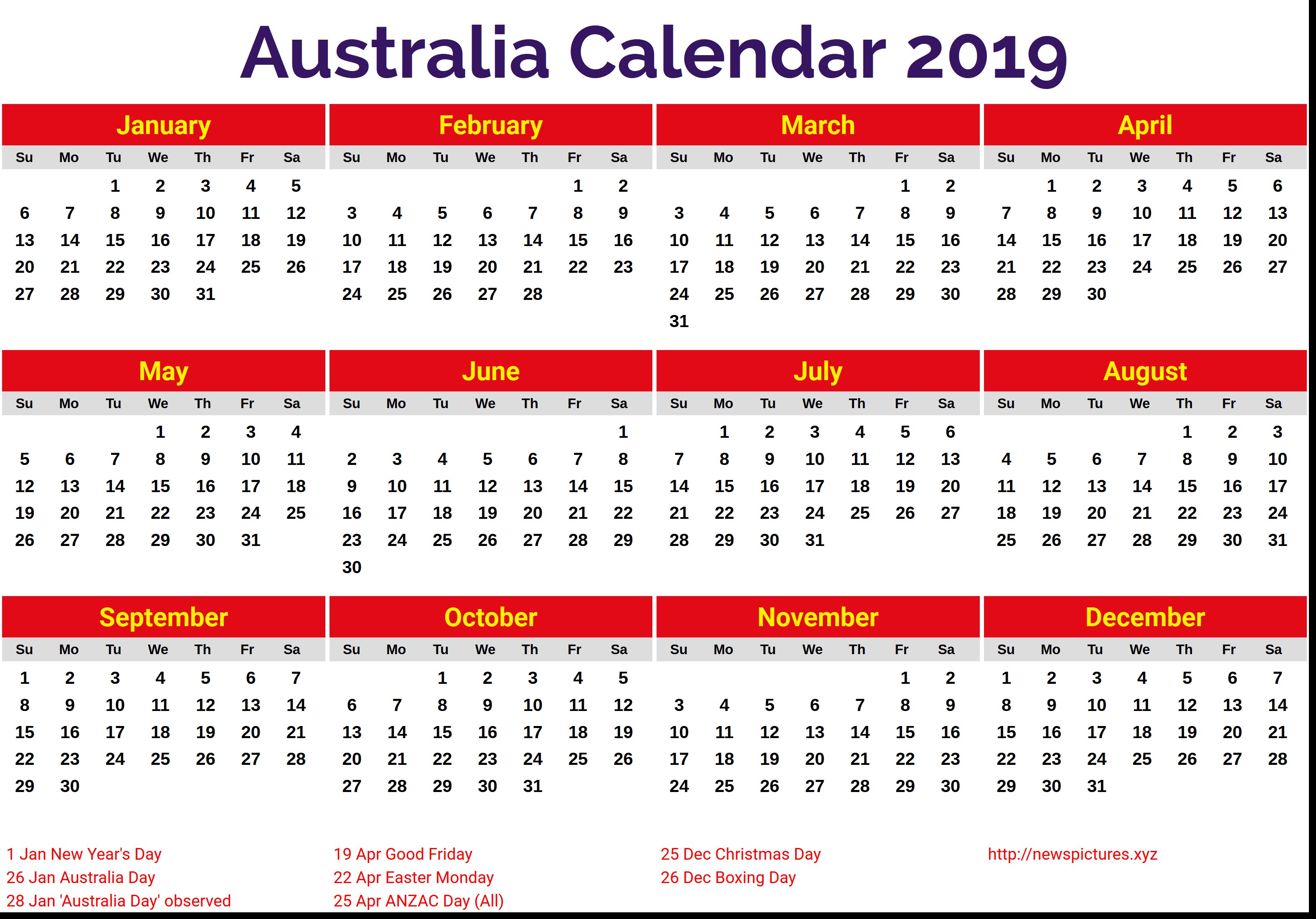 2019 Calendar Australia Printable Australia 2019 Calendar