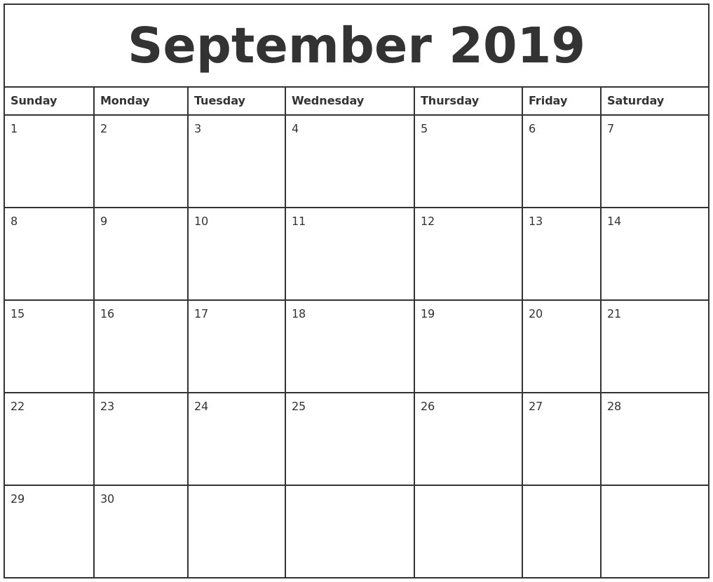 2019 Calendar by Month Printable September 2019 Printable Monthly Calendar