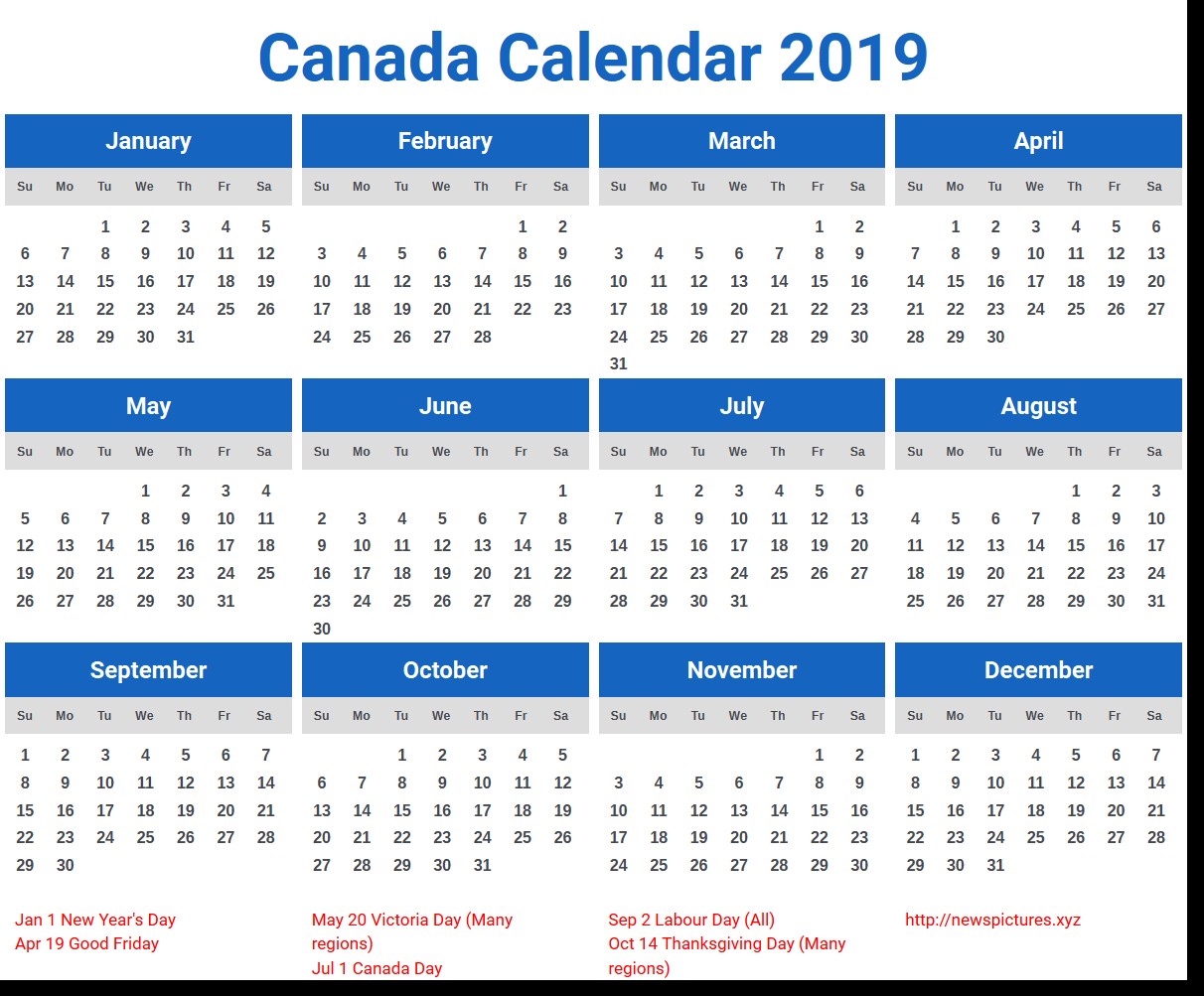 canada calendar 2019