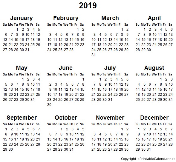 2019 Calendar Free Printable Printable Calendar 2019