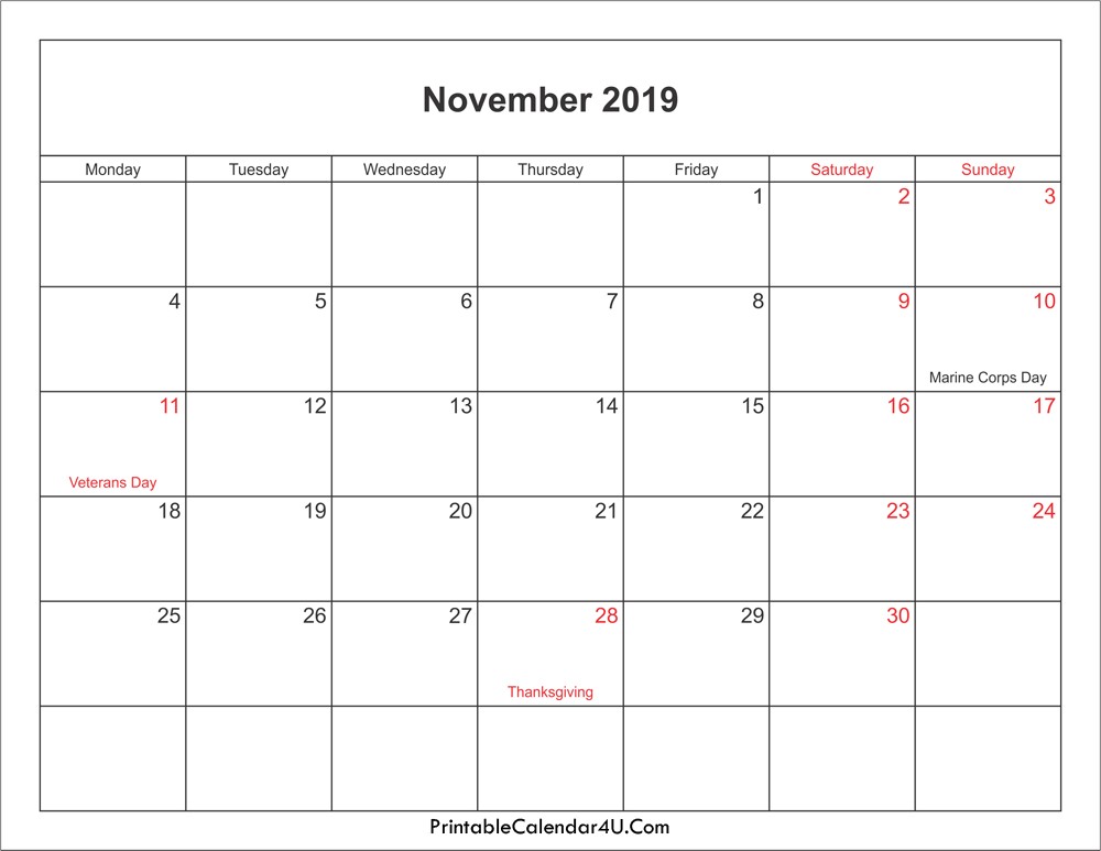 2019 Calendar November Printable November 2019 Calendar Printable with Holidays Pdf and Jpg