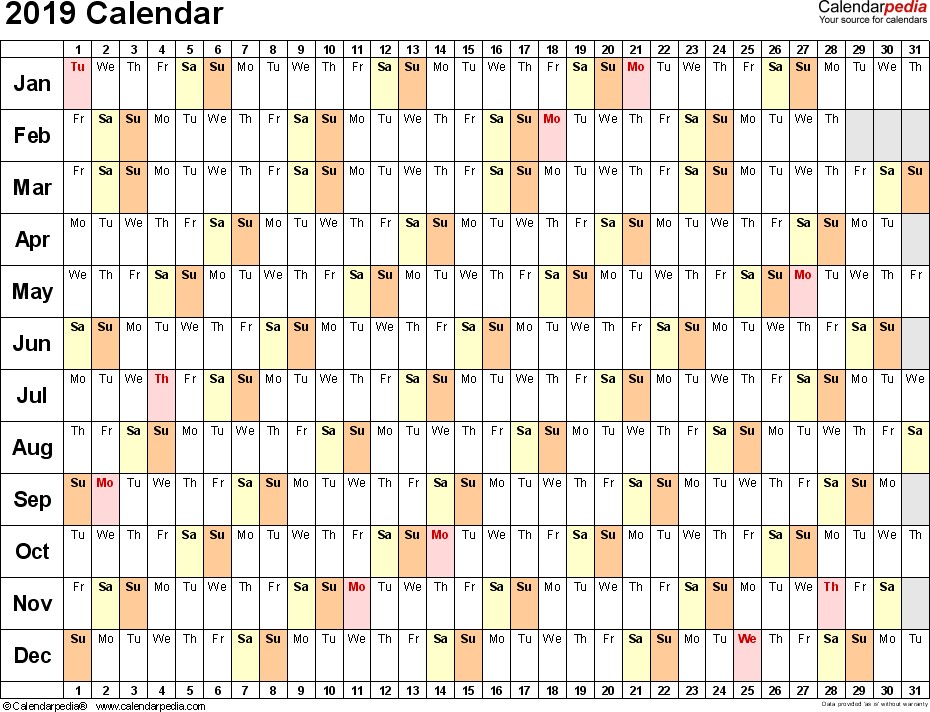 2019 calendar excel templates