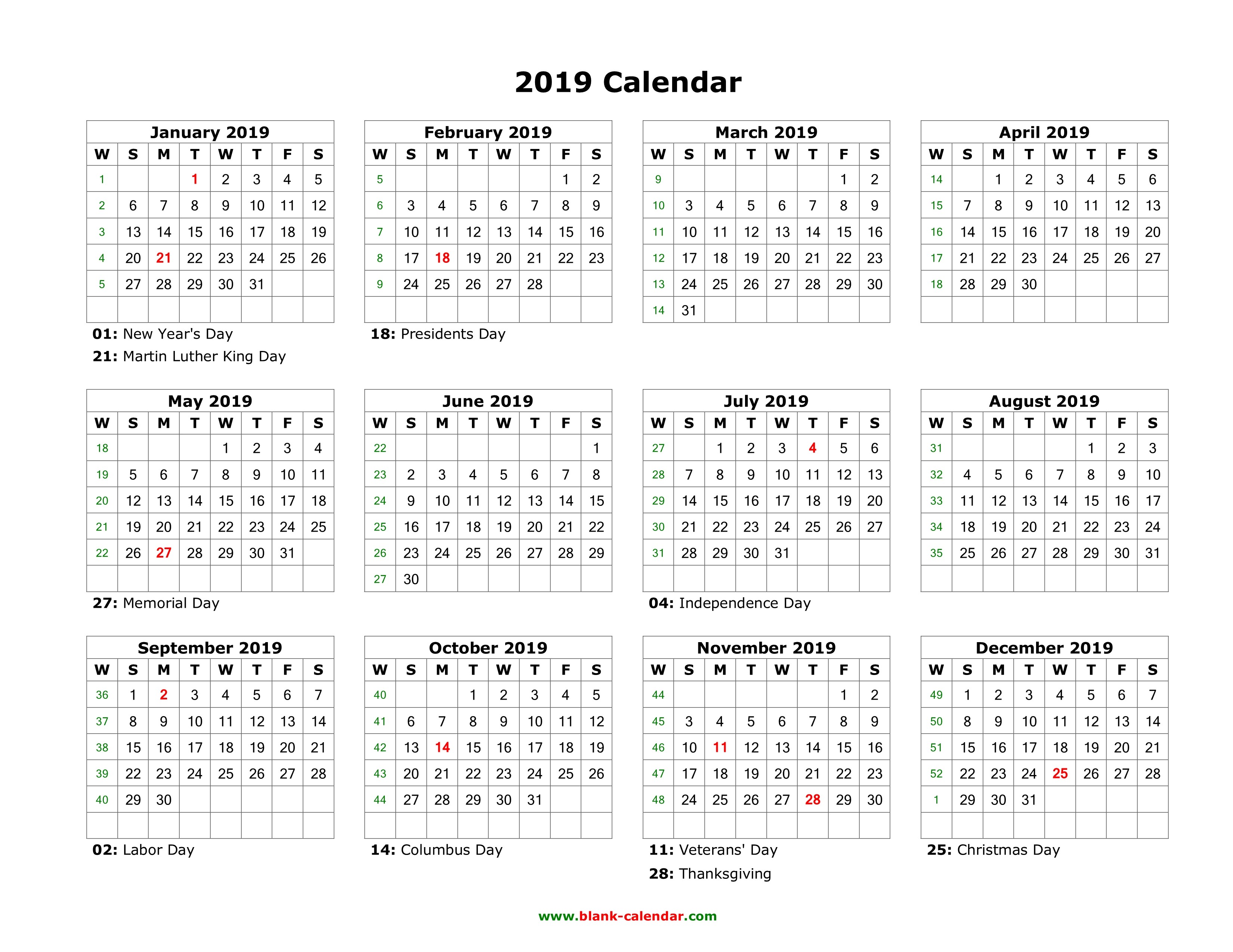 2019 Calendar Printable Landscape Blank Calendar 2019