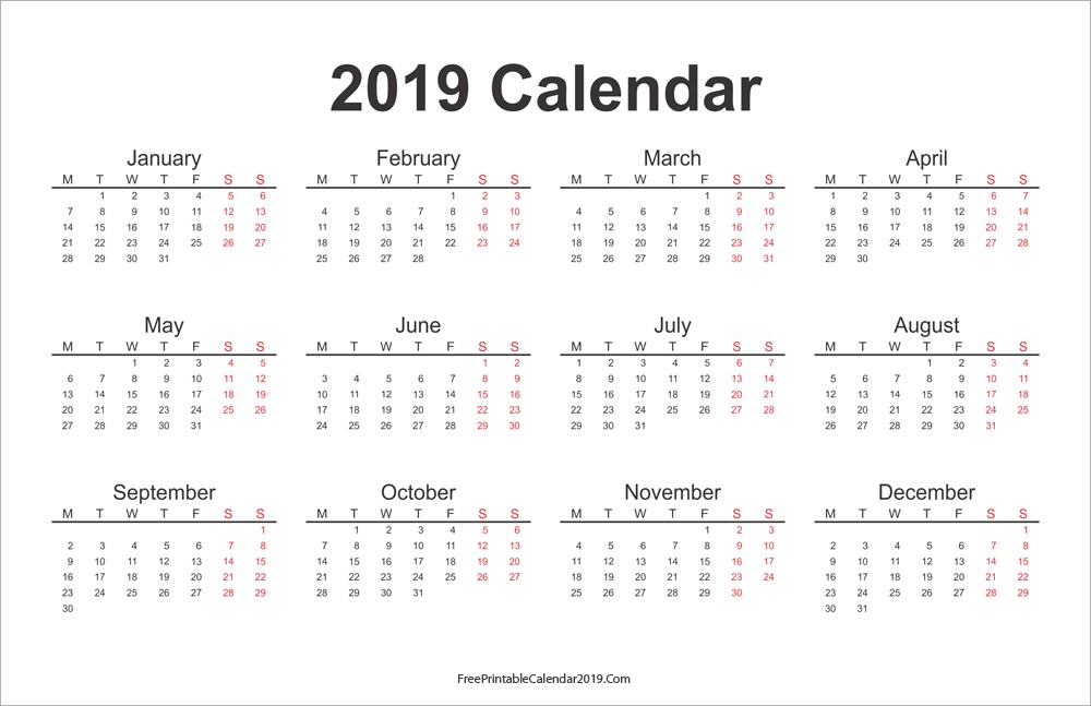 2019 Calendar Printable Yearly Free Printable Calendar 2019 with Holidays In Word Excel Pdf