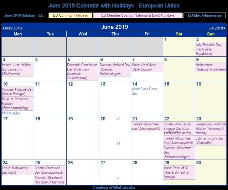 2019 Calendar with Bank Holidays Printable June 2019 Calendar with Holidays