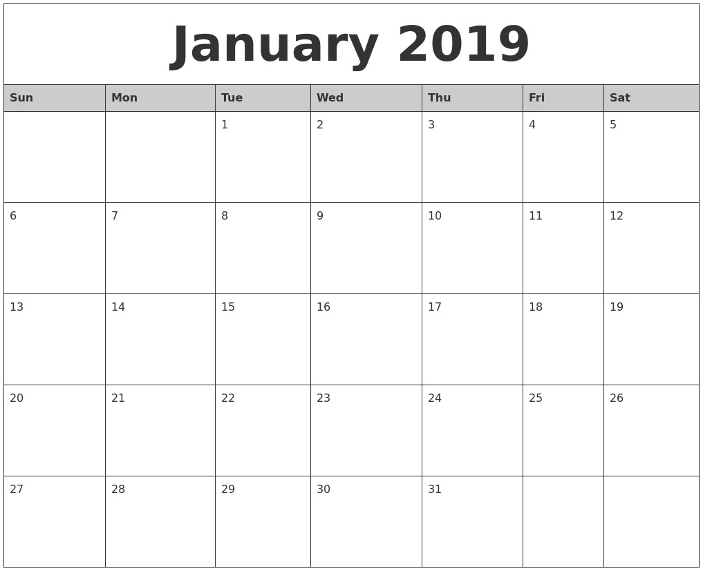 january 2019 printable calendar 1619