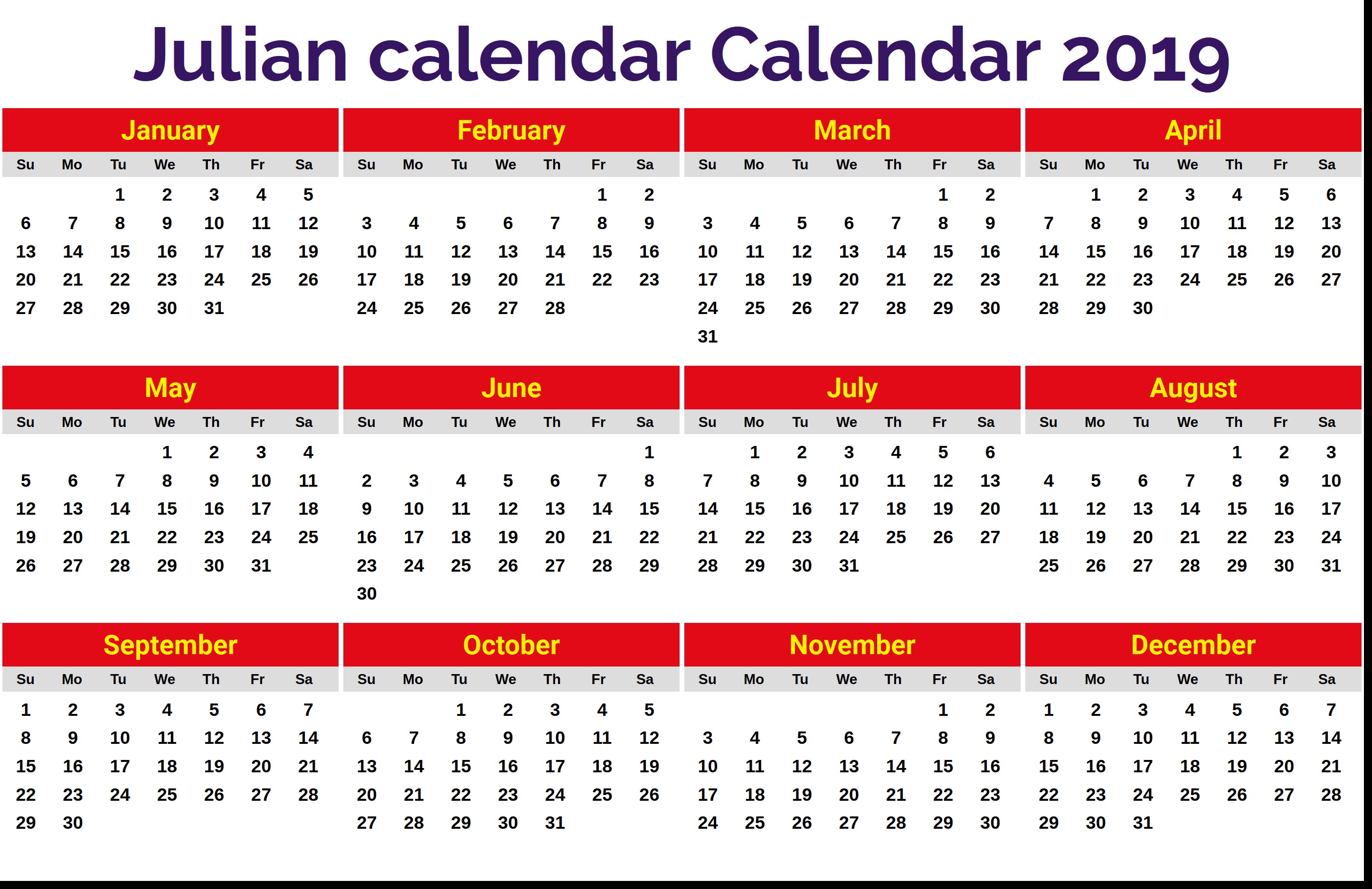 julian calendar 2019 calendar