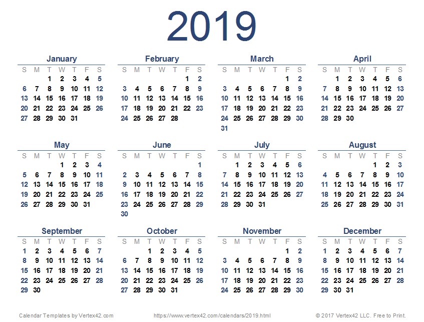 2019 Monthly Calendar Printable 2019 Calendar Templates and