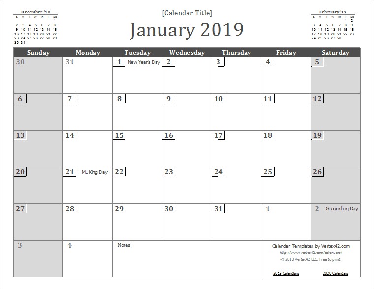 2019 Monthly Printable Calendars January 2019 Calendar with Holidays