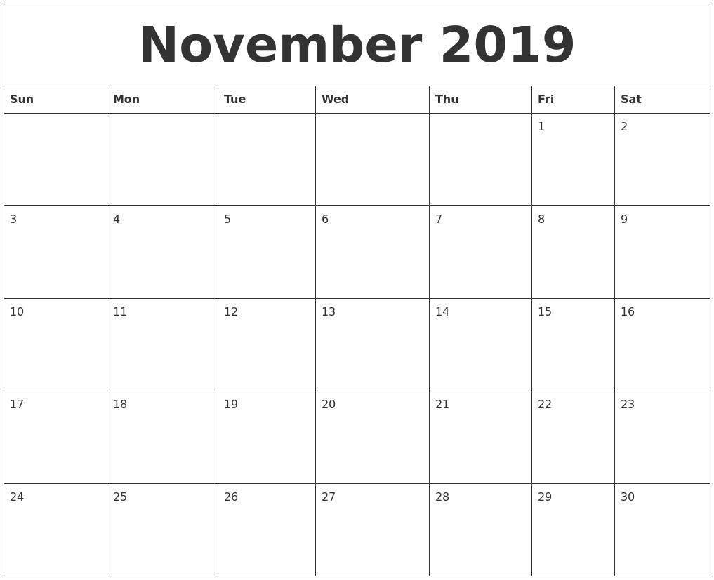 2019 November Printable Calendar November 2019 Calendar Cute