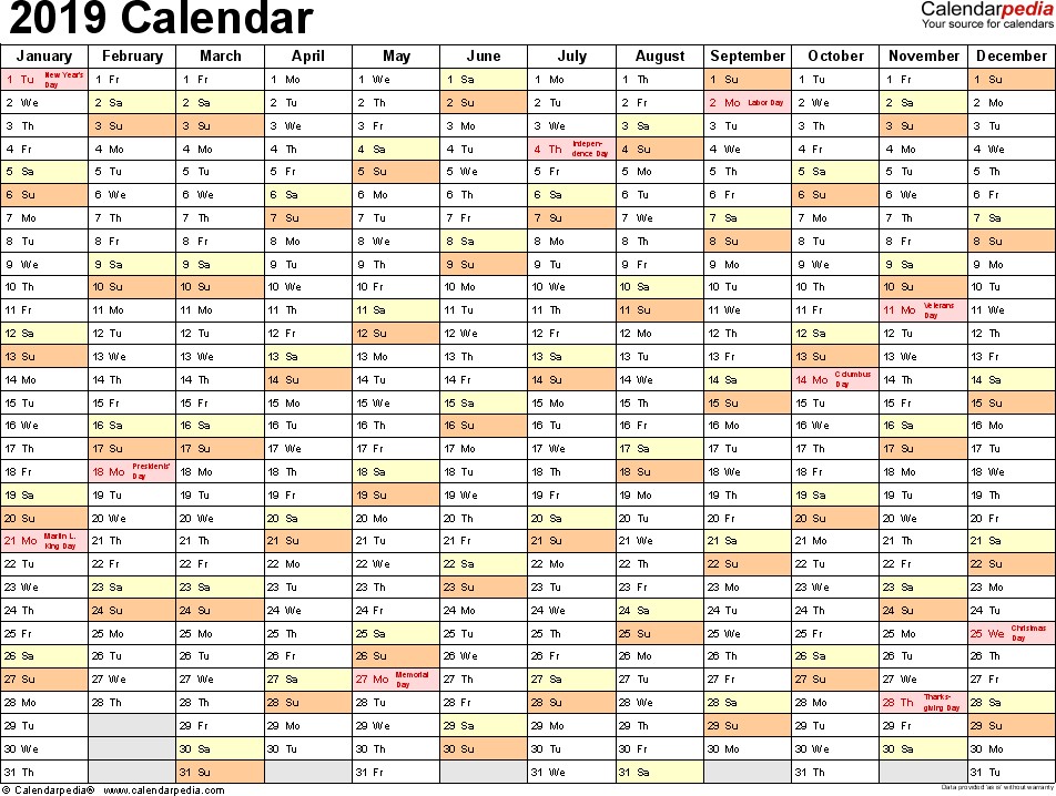 2019 calendar excel templates