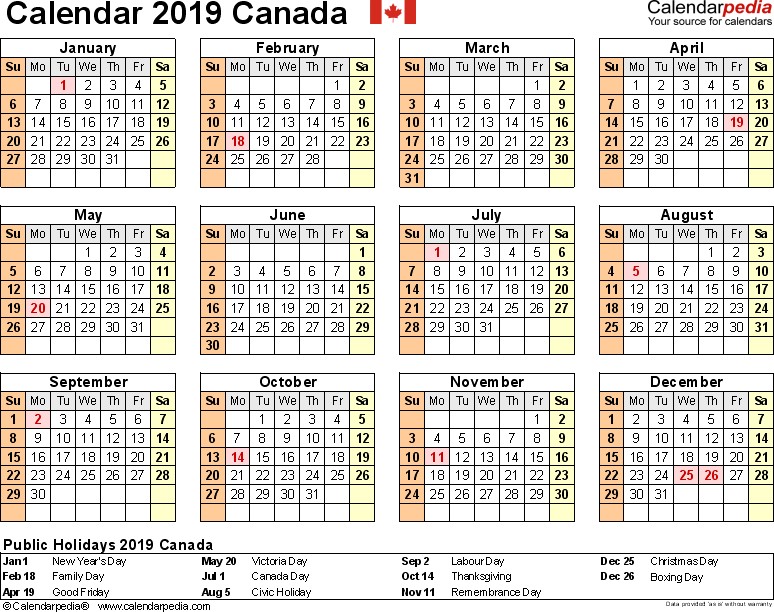 2019 Printable Calendar with Canadian Holidays 2019 Calendar Canada