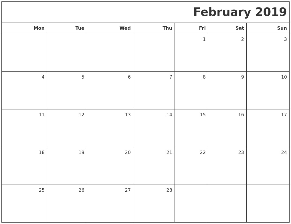 february 2019 printable blank calendar