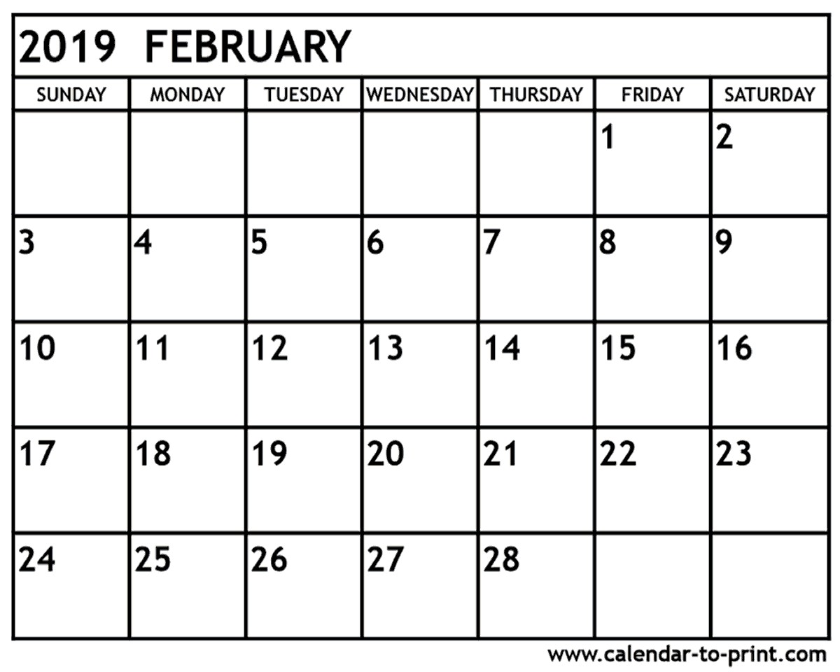 2019 Printable February Calendar February 2019 Printable Calendar