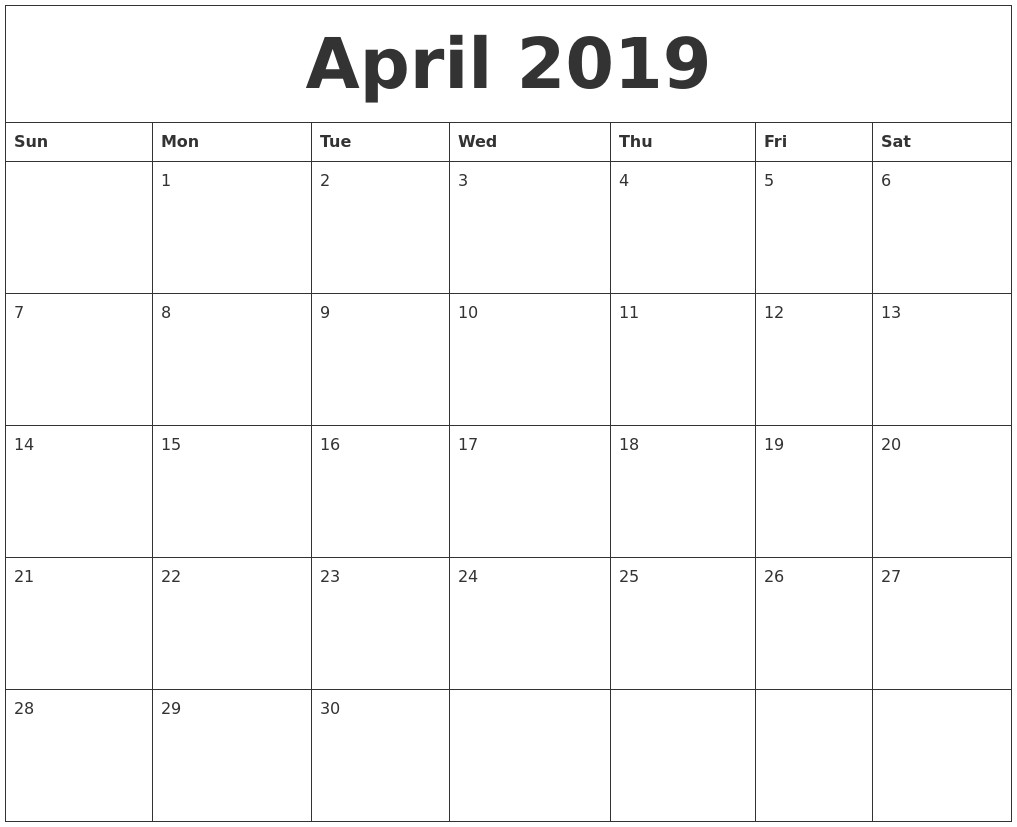 2019 Printable Monthly Calendar April 2019 Blank Monthly Calendar Template