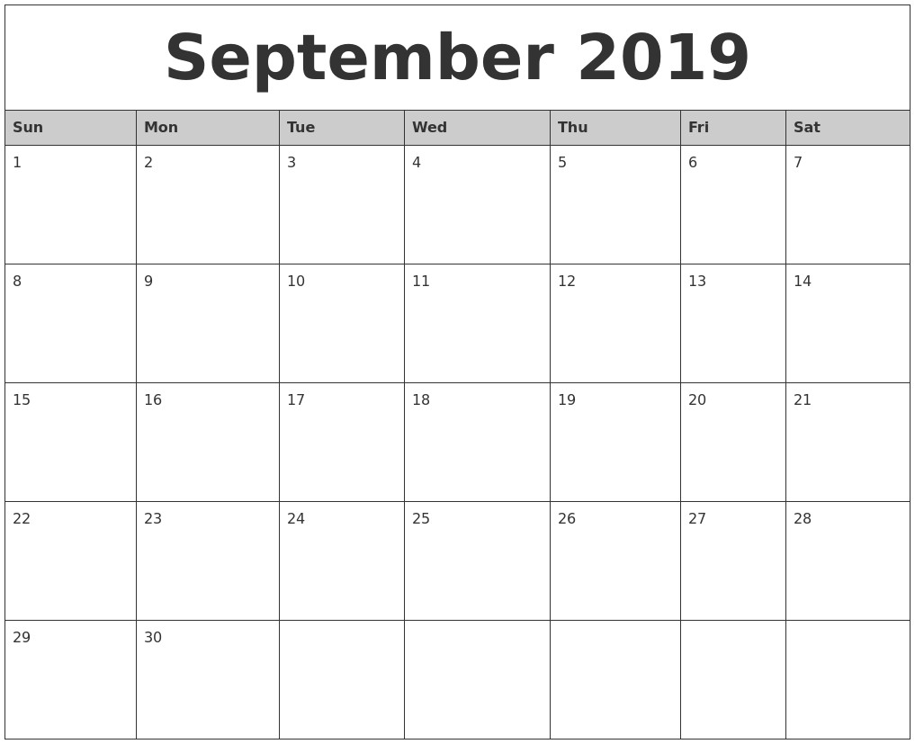 2019 Printable Weekly Calendar September 2019 Monthly Calendar Printable