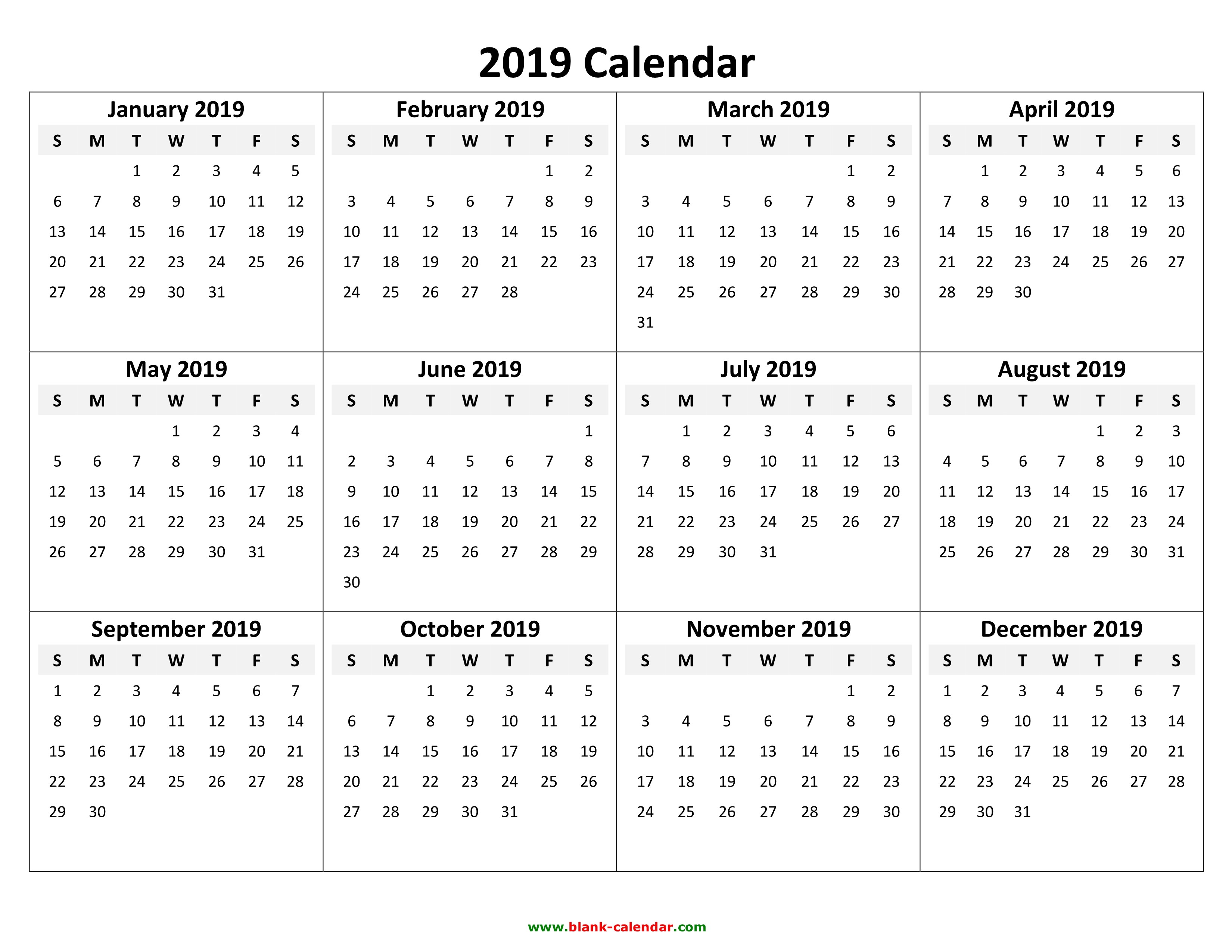 2019 Yearly Calendar Printable Yearly Calendar 2019