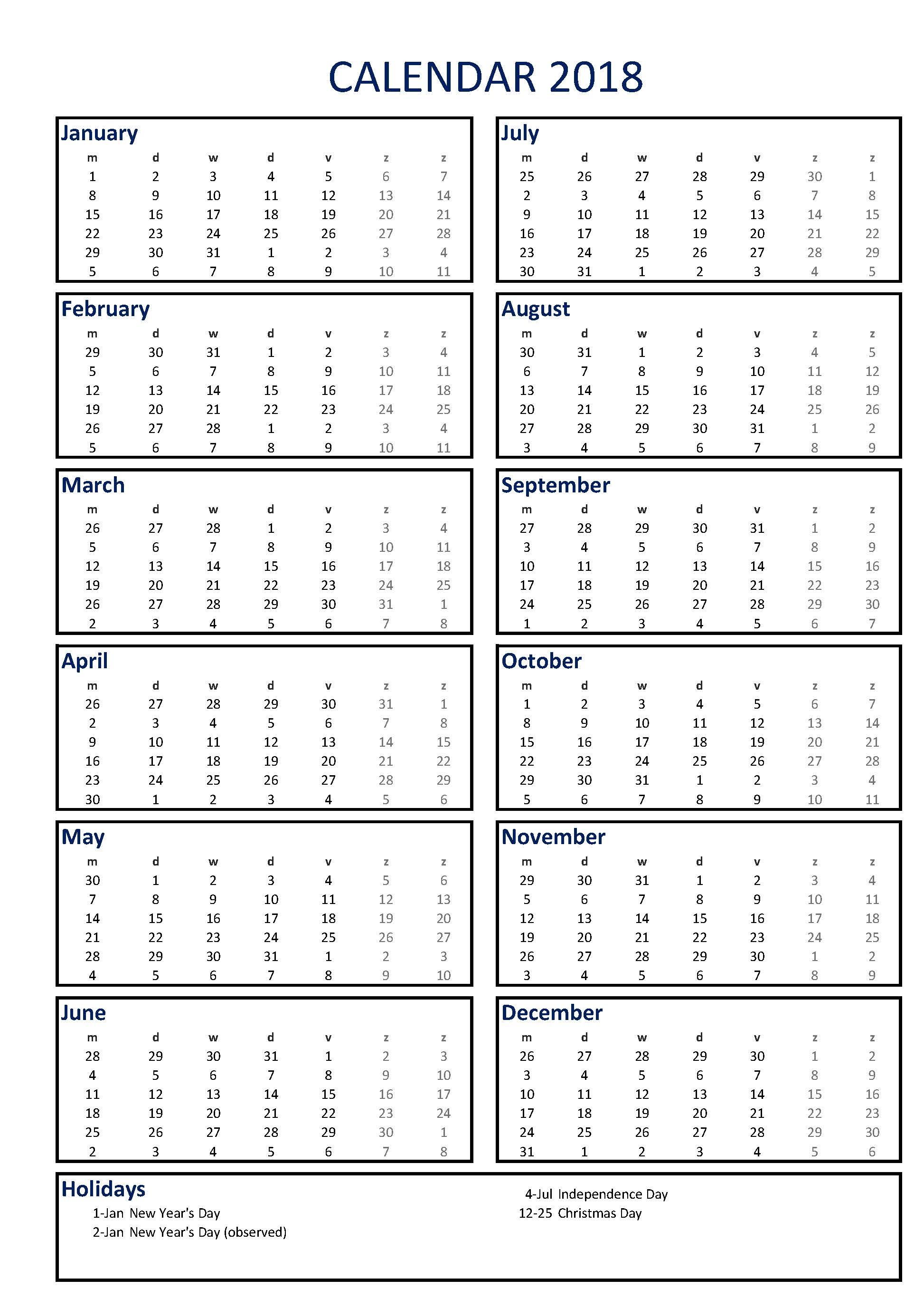 2018 calendar a3 portrait ms excel template