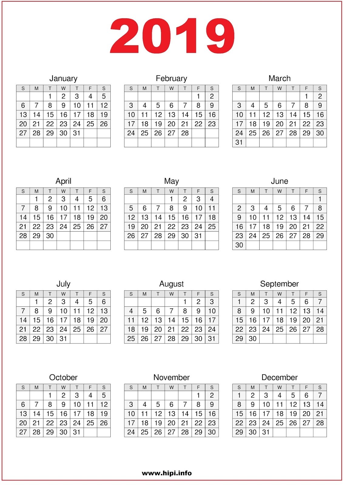 2019 calendar printable free free 98