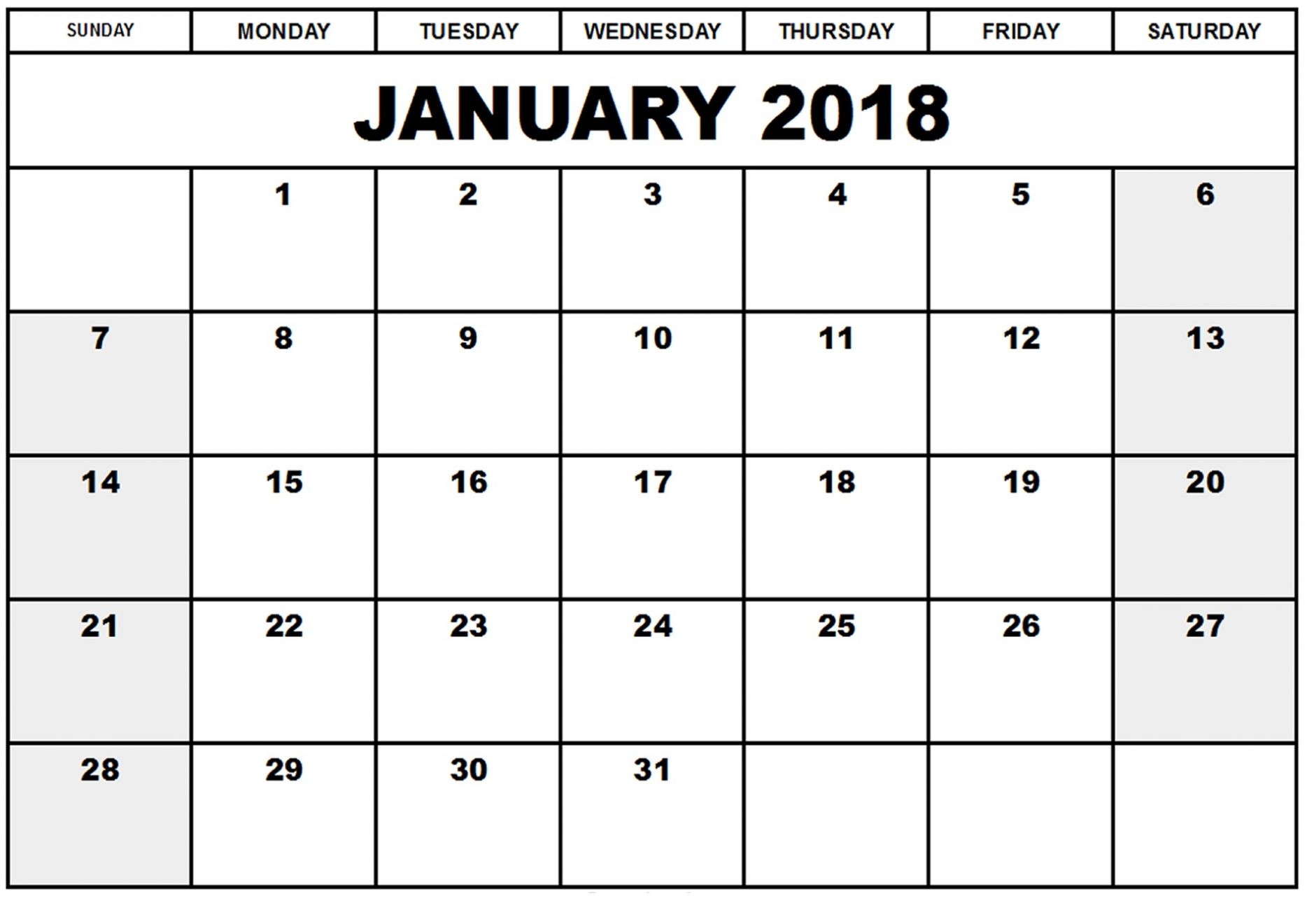 january 2018 calendar a4 printable