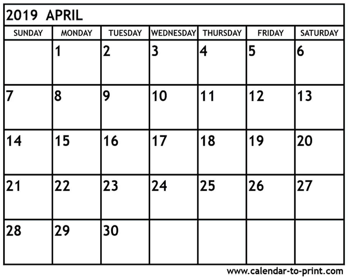 april 2019 calendar