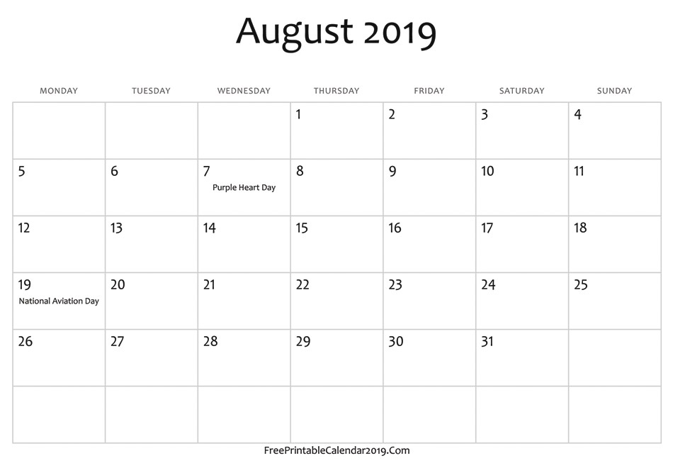 august 2019 calendar templates