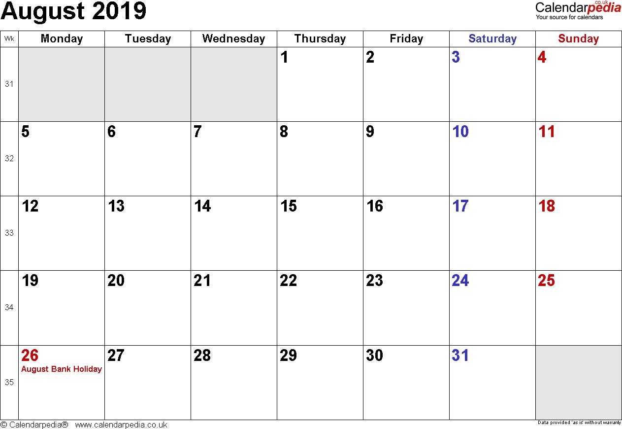 calendar august 2019