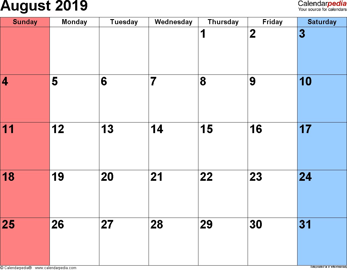 August 2019 Printable Calendar August 2019 Calendars for Word Excel &amp; Pdf