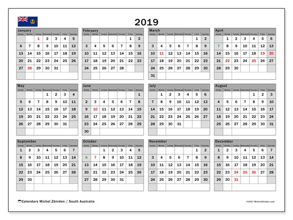 calendar 2019 south australia