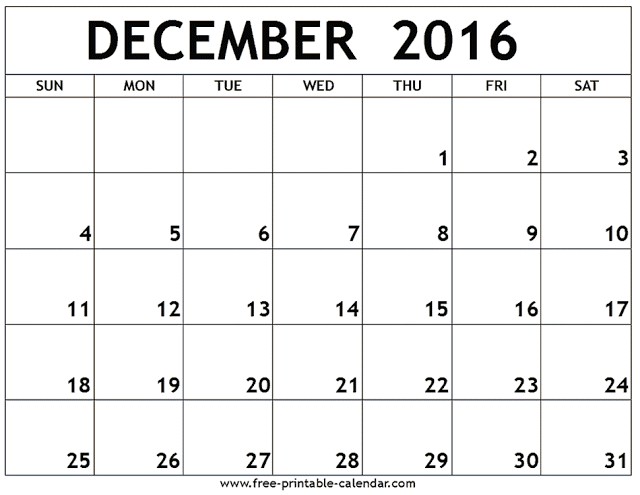 december 2016 printable calendar