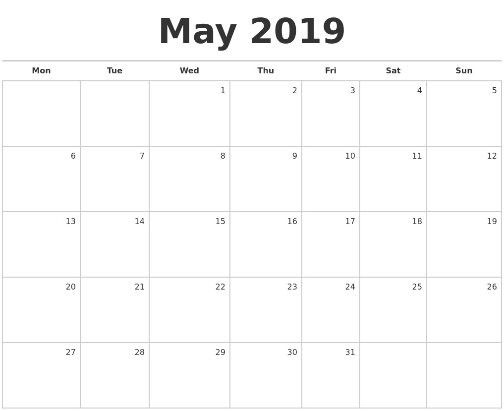 may 2019 blank monthly calendar