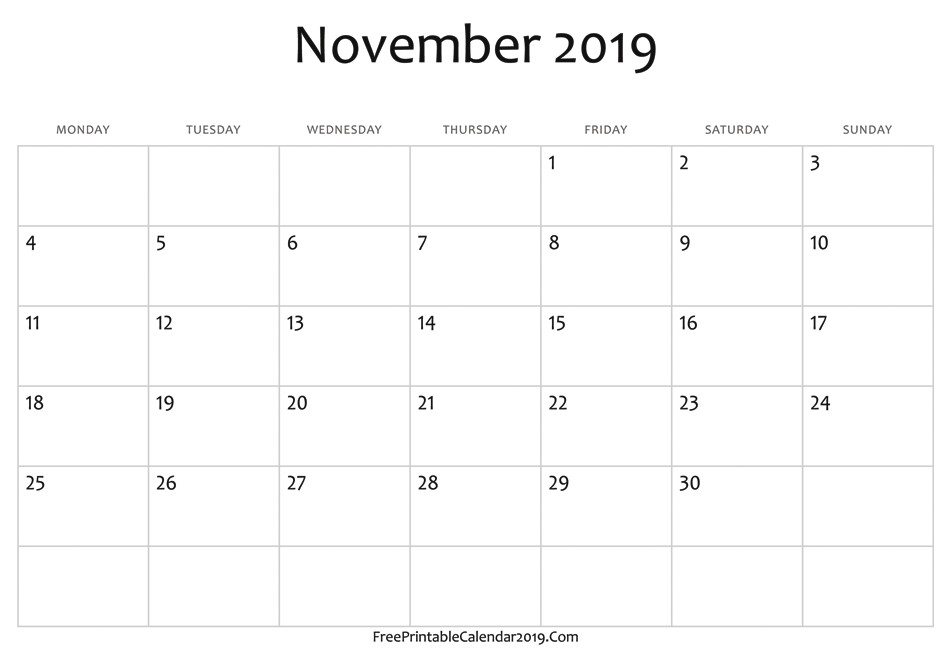 Blank November 2019 Calendar Printable November 2019 Calendar Templates