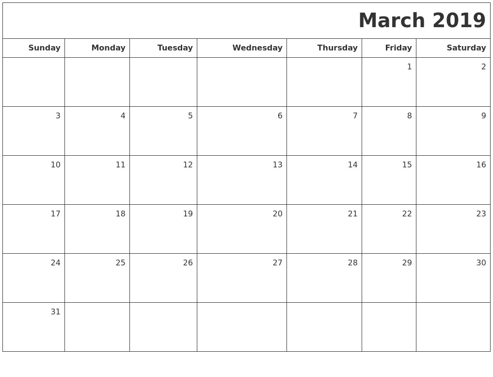 march 2019 printable blank calendar