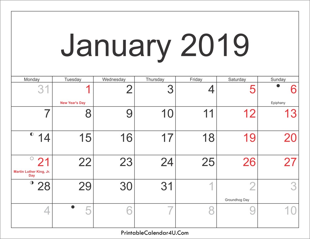 Calendar 2019 Printable Pdf January 2019 Calendar Pdf