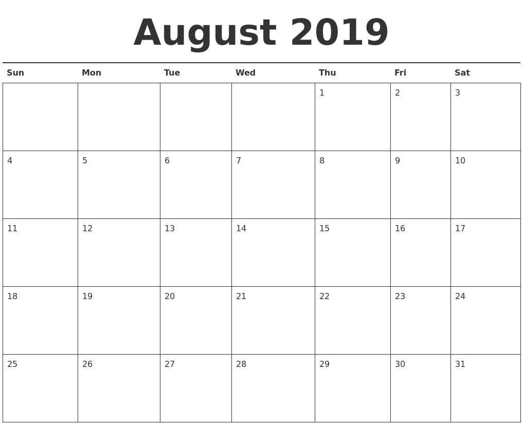 Calendar August 2019 Printable August 2019 Calendar Printable