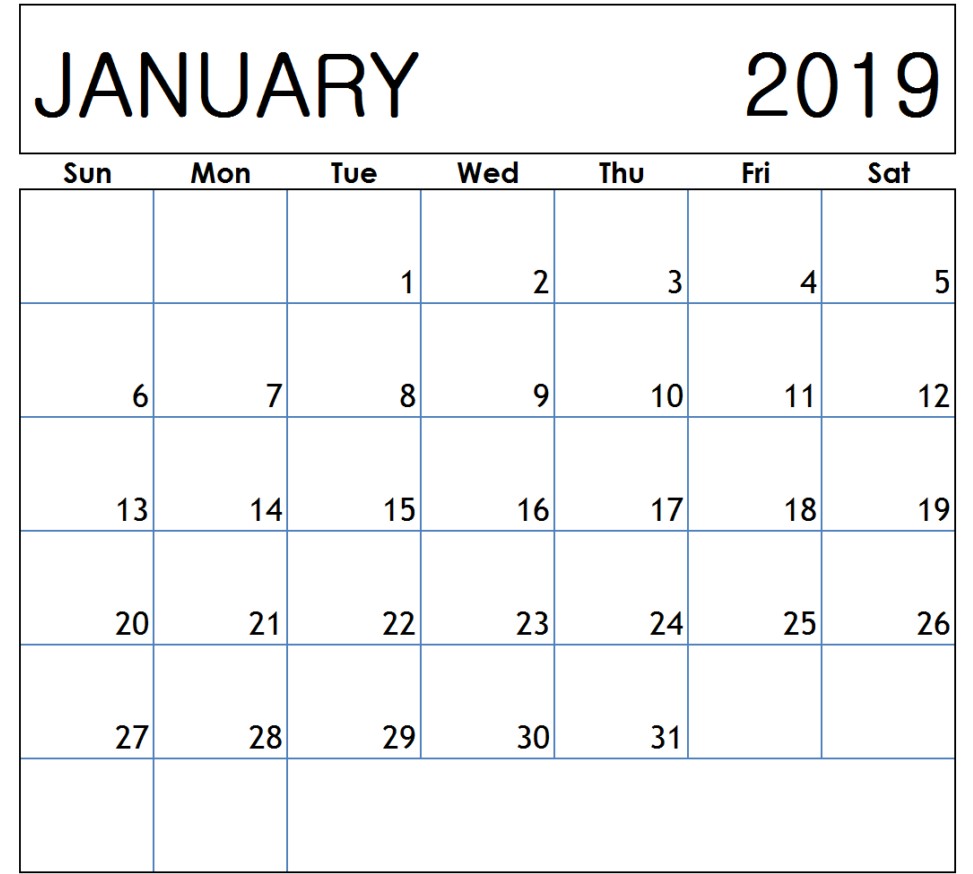 Calendar for January 2019 Printable January 2019 Calendar Printable Template