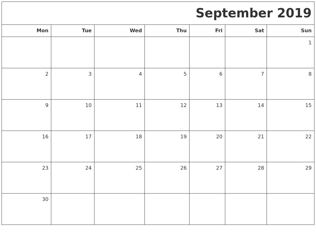 september 2019 printable blank calendar