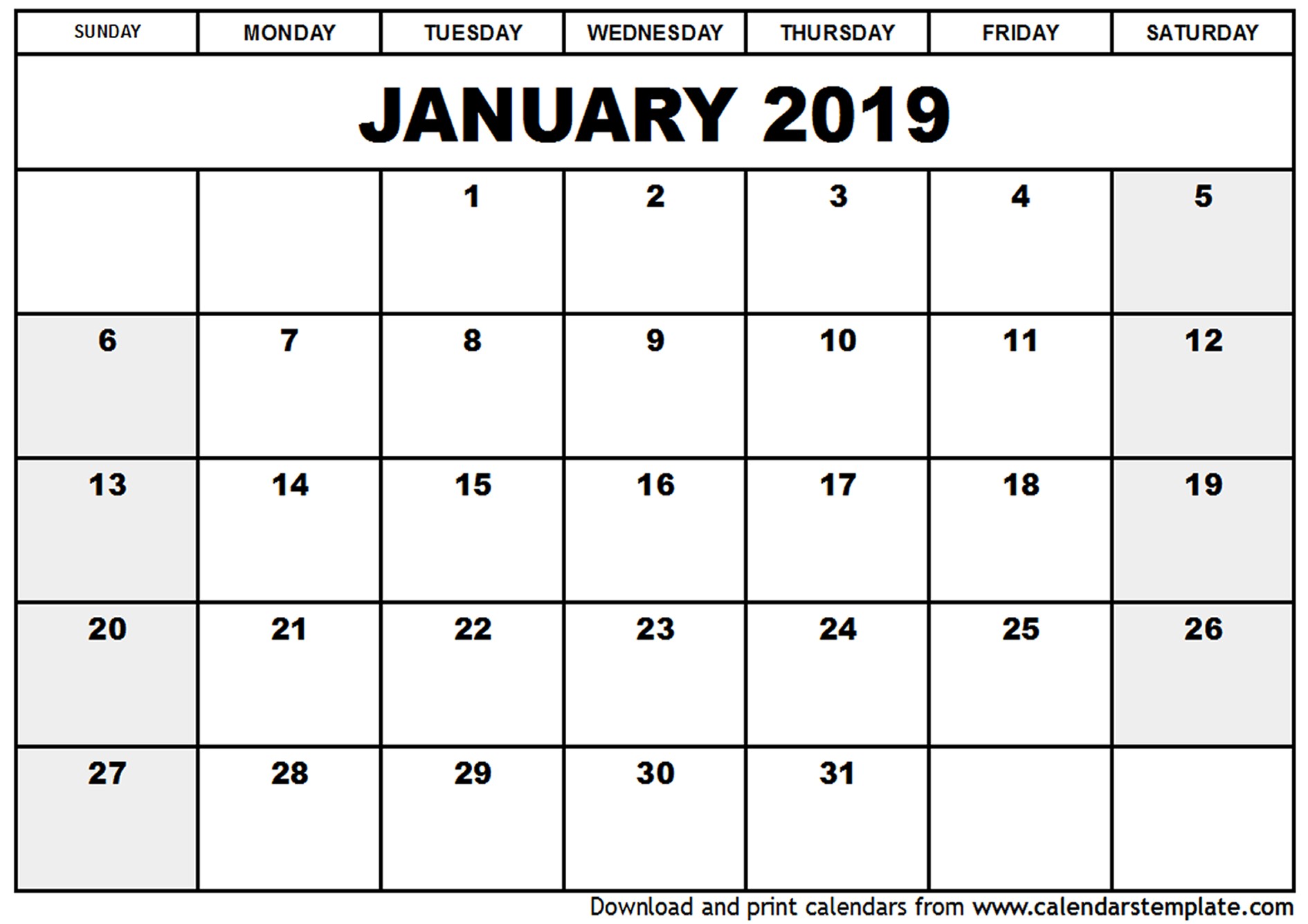 Calendars 2019 Printable January 2019 Calendar Template