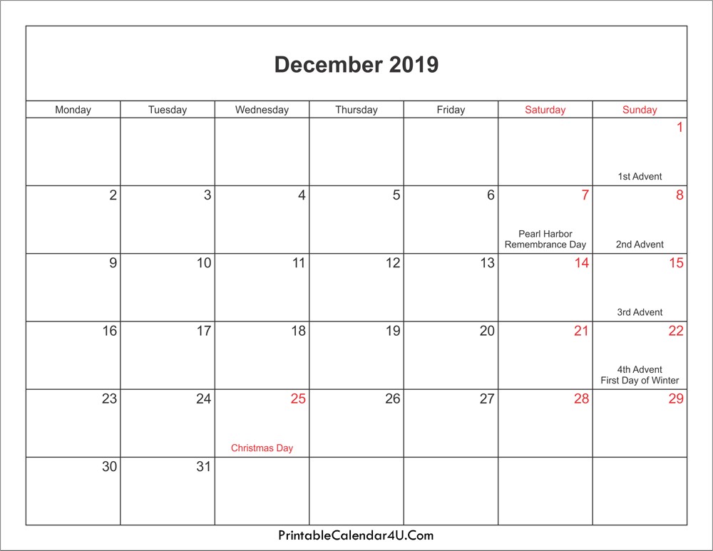 December 2019 Calendar Printable December 2019 Calendar Printable with Holidays Pdf and Jpg