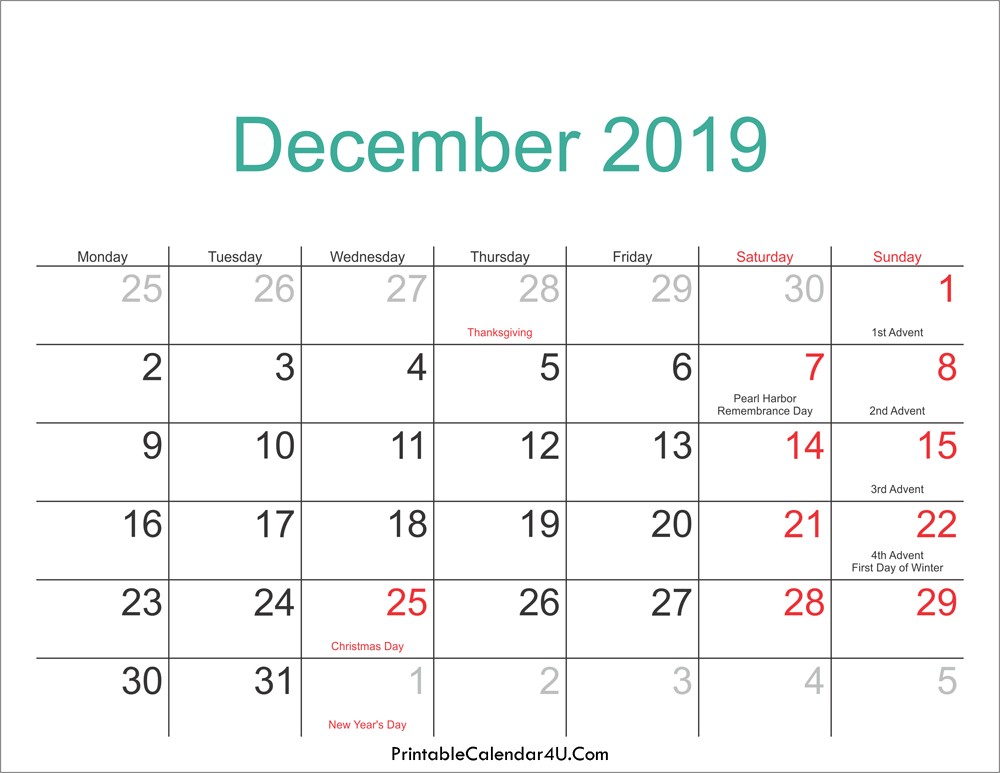 december 2019 calendar printable holidays